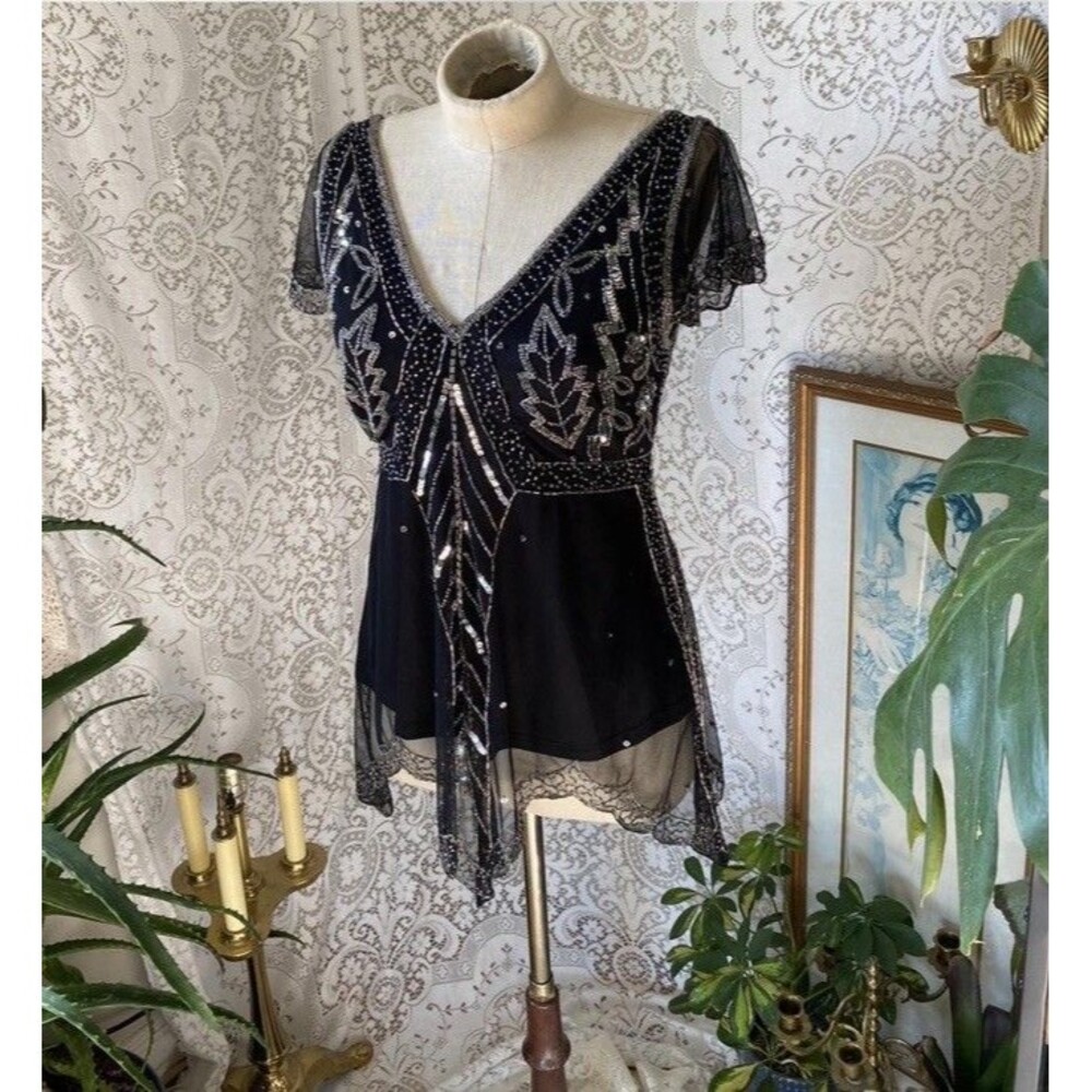Vtg Y2K Scala Black Sheer Mesh Beaded Silver Sequin Cap Sleeve Top M Whimsigoth - Picture 2 of 12